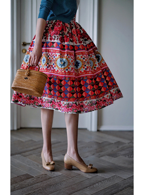 Ching's vintage复刻赫本高腰复古大摆裙伞裙碎花裙a字半身裙女夏