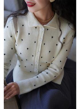 Ching's 复古vintage中古收腰上衣 显瘦波点法式秋春毛衣针织开衫