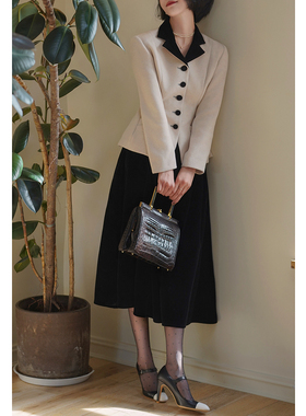 Ching's赫本风松紧腰丝绒伞裙 法式复古高腰大圆点显瘦大摆裙半裙