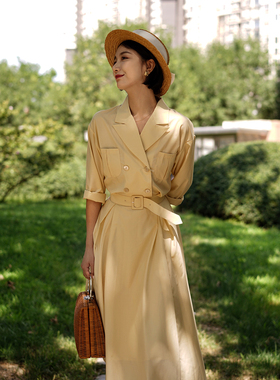 【断码清仓】Ching's 复古腰带收腰文艺西装领长袖衬衫裙连衣裙