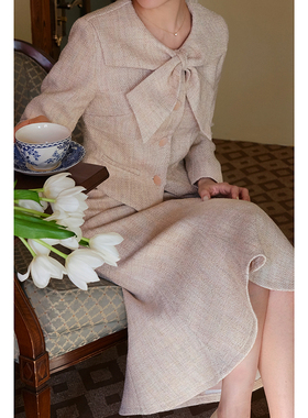 Chings 法式复古毛呢粗呢蝴蝶结套装外套短vintage上衣夹克小西服