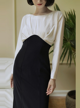 Ching's复古一字领收腰蝙蝠袖长袖连衣裙 高腰显瘦拼色开叉直筒裙