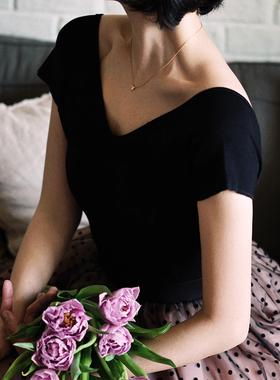 Ching's 芭蕾舞女孩复古欧美露背弹力修身上衣 五分袖连体打底衫