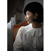 Ching 复古爱德华别致上衣 灯笼袖 s棉布蕾丝镂空荷叶领白色衬衫 女