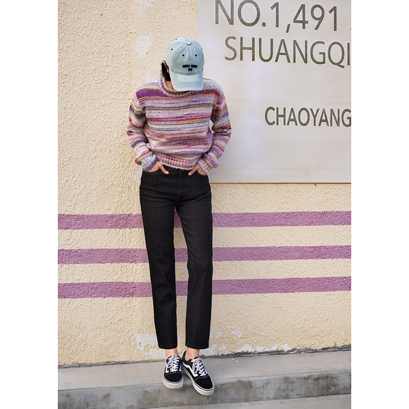 Ching's 复古高腰修身牛仔裤女 梨形身材休闲时尚弹力直筒裤裤子