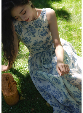 Chings 复古印花一字领大露背连衣裙 高腰显瘦大摆裙赫本风显瘦裙