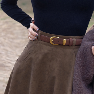 Chings 百搭复古皮带 金色扣头牛皮翻毛皮牛反绒真皮腰带服装配饰
