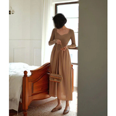 Chings复古方领口收腰显瘦连衣裙针织拼接长袖 鹦鹉梨 打底长裙