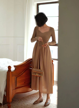 Chings复古方领口收腰显瘦连衣裙 优雅针织拼接长袖飘逸打底长裙