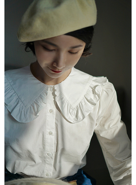 Ching's复古vintage大荷叶边领衬衣女内搭叠穿上衣复古白衬衫秋