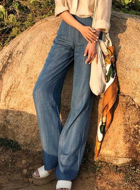 【断码清仓】Ching's 经典显腿长高腰阔脚裤牛仔裤 直筒瘦腿长裤