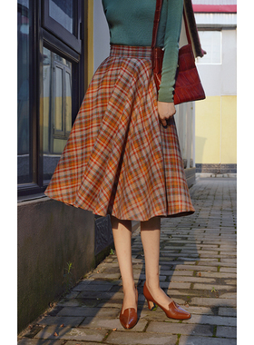 Ching's 高腰梨形身材显瘦360度大摆裙 格纹太阳裙赫本风复古半裙