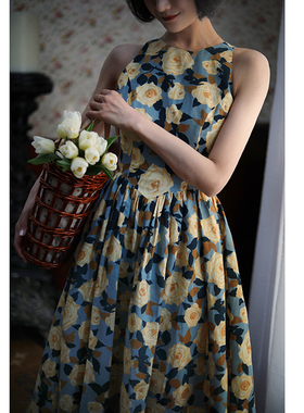 Ching's复古一字领显瘦高腰碎花连衣裙女赫本风伞裙A字棉麻大摆裙