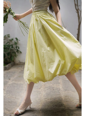 Ching's赫本风松紧腰大摆裙气质高腰百搭半身裙a字花苞飘逸大摆裙