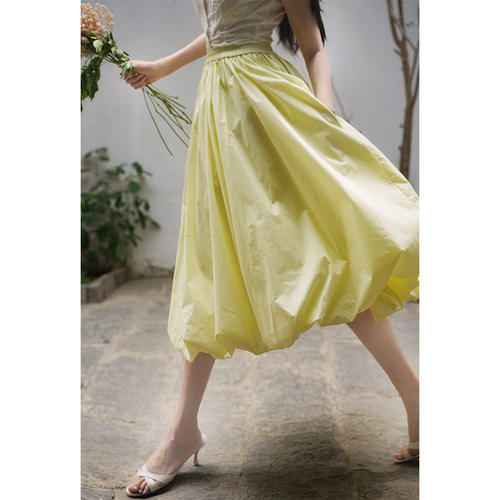 Ching's赫本风松紧腰大摆裙气质高腰百搭半身裙a字花苞飘逸大摆裙