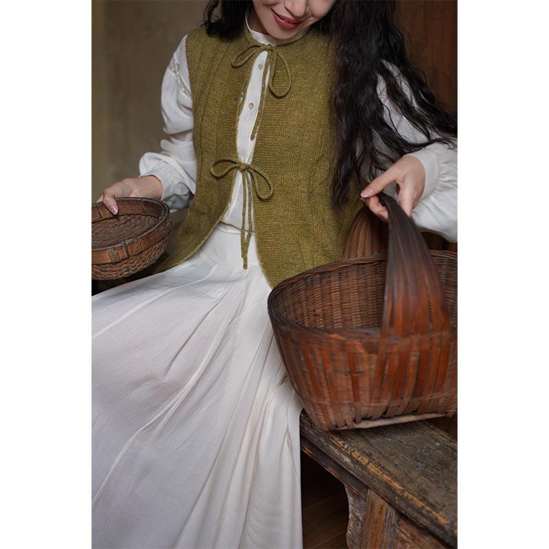 法式复古小圆领绑带马甲