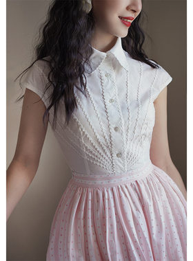 Chings 法式复古小尖领包肩小飞袖上衣 收腰蕾丝花边显瘦白棉衬衫