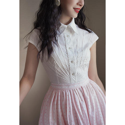 Chings 法式复古小尖领包肩小飞袖上衣 收腰蕾丝花边显瘦白棉衬衫