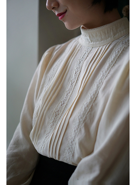 chings 爱德华vintage复刻小高领上衣 蕾丝镂空灯笼袖长袖衬衫秋