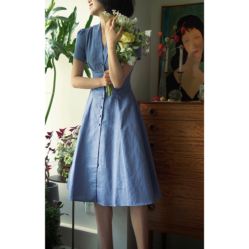 赫本复古棉麻连衣裙纸片长裙