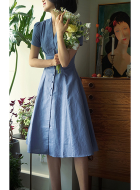 【断码清仓】Ching's赫本复古棉麻连衣裙 vintage收腰显瘦大摆裙