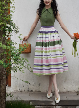 Chings复刻1950年代vintage彩色条纹半裙 赫本风显瘦高腰大摆裙秋