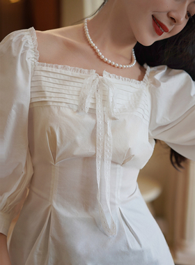 Chings 复古灯笼袖衬衫 松紧方领一字领蕾丝花边收腰绑带棉布小衫