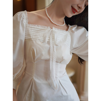 Chings 复古灯笼袖衬衫 松紧方领一字领蕾丝花边收腰绑带棉布小衫