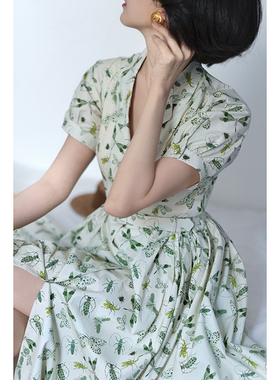 Ching's 衬衫领高腰优雅腰带棉印花伞裙裙赫本风大摆太阳裙连衣裙