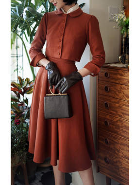 Ching's 南瓜色薄毛呢复古高腰大摆 1950年代赫本风气质伞裙半裙