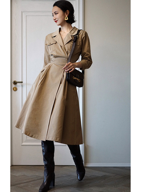 Ching's 超A复古显瘦收腰V领绑带风衣工装厚挺风衣衬衫裙外套中长