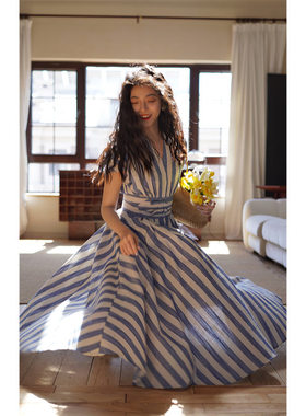 Chings 复古显瘦沙漏身材纸片连衣裙 宽腰封遮肉条纹棉麻大摆裙秋