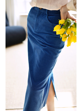 Ching's条绒开叉直筒裙女 复古彩色梨形身材显瘦显白高腰显高半裙