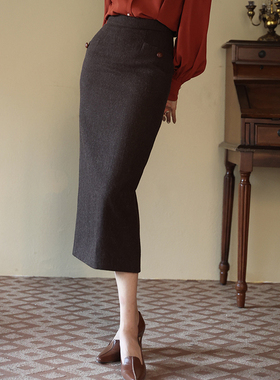 Chings 后开叉高腰毛呢包臀裙 显瘦斜纹半身裙羊毛呢铅笔裙一步裙