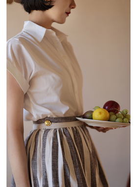 chings 复古法式短袖衬衫 小众设计感收腰百搭别致白色上衣女夏季