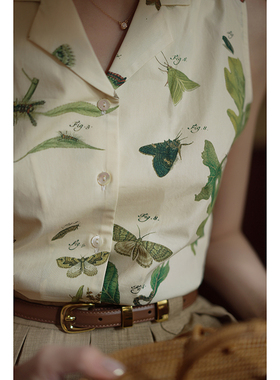 Ching's复刻中古贝壳图案上衣 棉质显瘦砍袖1950年代法式复古衬衫