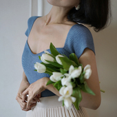 修身 Ching 弹力上衣女夏 打底衫 短款 复古优雅大方领黑针织衫