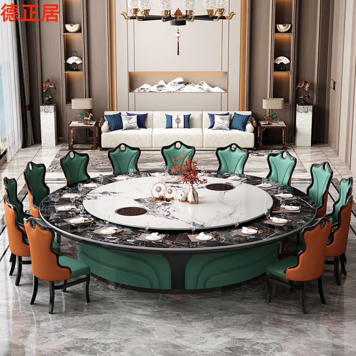 酒店电动转盘岩板大圆桌3米带电磁炉商用会所饭店20人包厢火锅桌