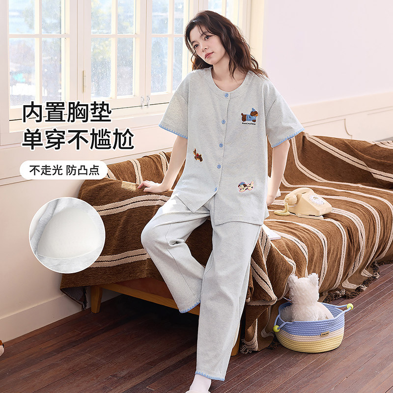 可爱减龄腊肠狗刺绣带胸垫睡衣女夏季纯棉短袖长裤可外穿家居服