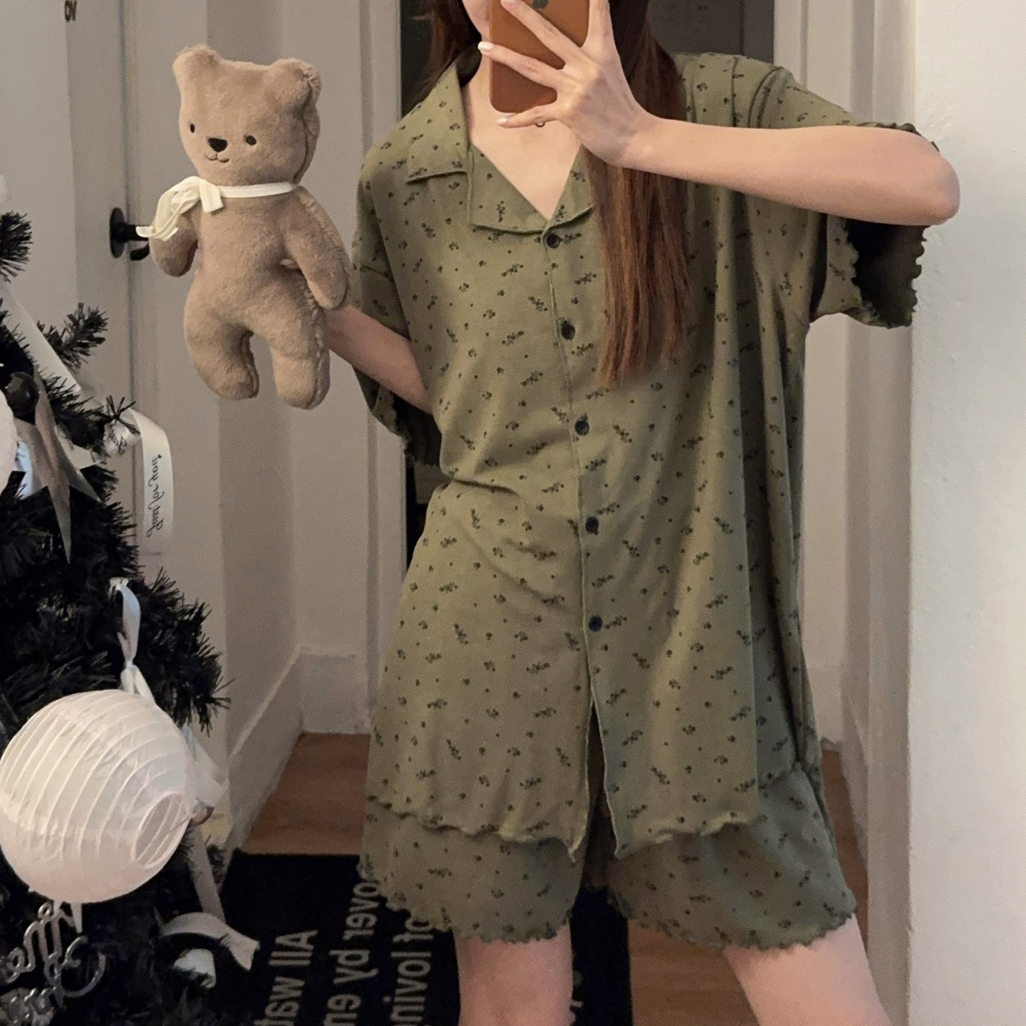 小碎花木耳边翻领短袖睡衣女大码