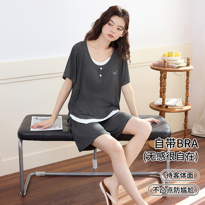 假两件抽绳短袖短裤带胸垫冰丝夏