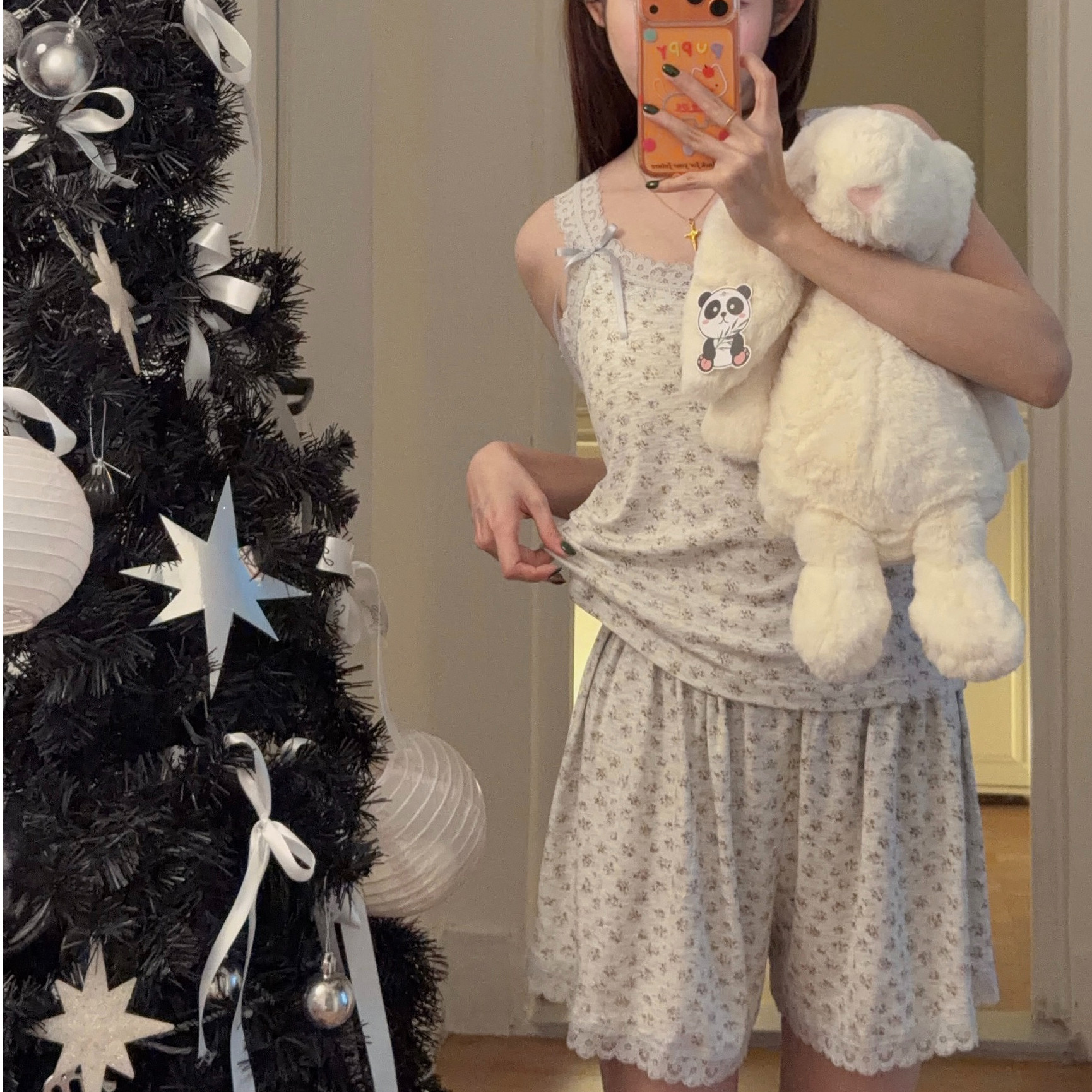 莫代尔带胸垫碎花蕾丝吊带睡衣女