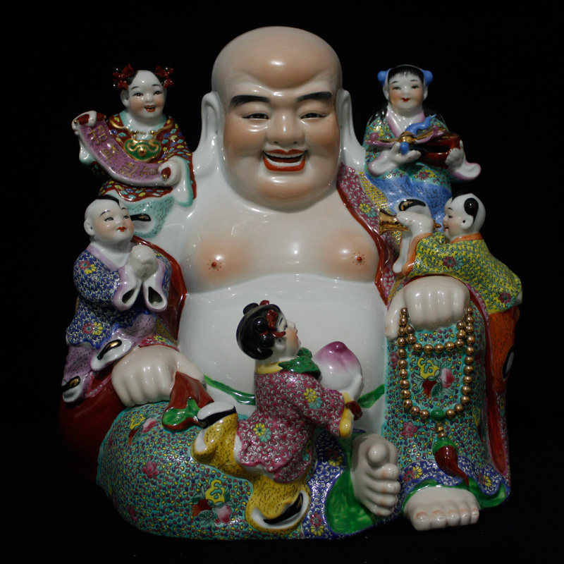 景德镇十大瓷厂雕塑瓷厂七十年代手绘粉彩五子罗汉陶瓷摆件收藏