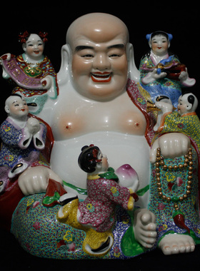 景德镇十大瓷厂雕塑瓷厂七十年代手绘粉彩五子罗汉陶瓷摆件收藏