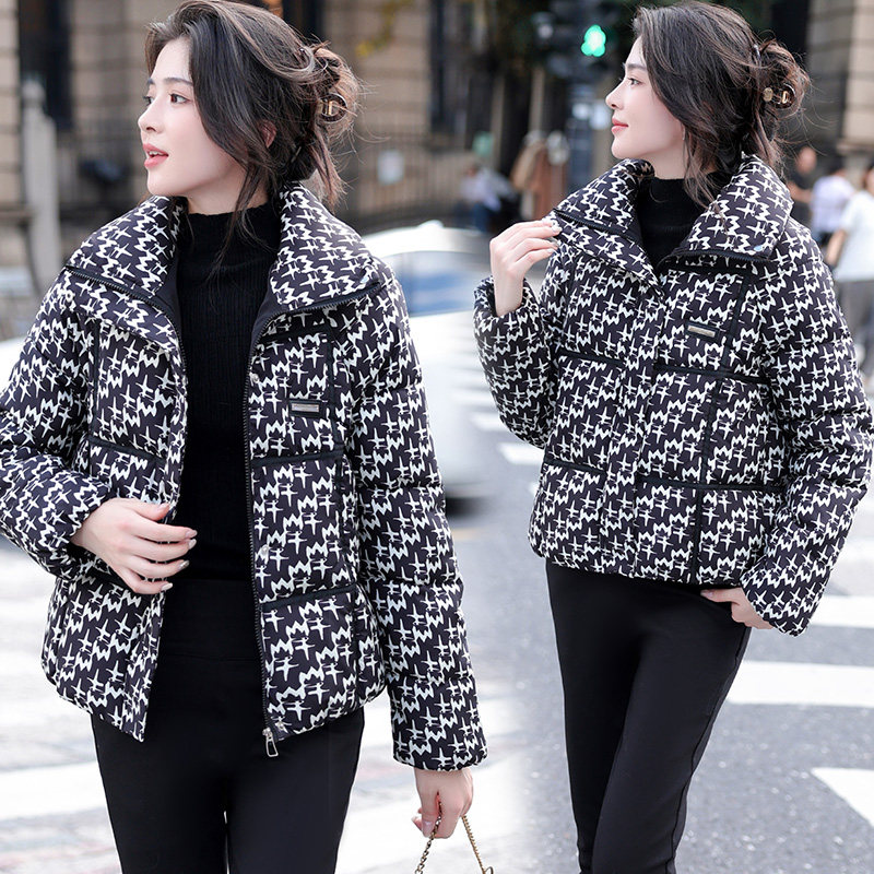 冬季新款时尚洋气千鸟格羽绒棉服棉衣女短款显瘦保暖加厚棉袄外套