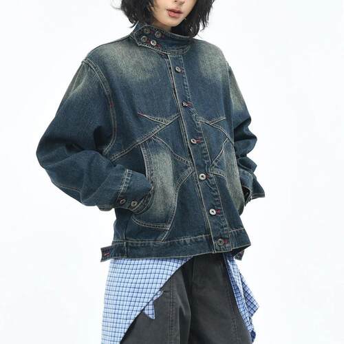 美式复古立体解构拼接水洗牛仔外套男女秋季宽松休闲短款工装夹克