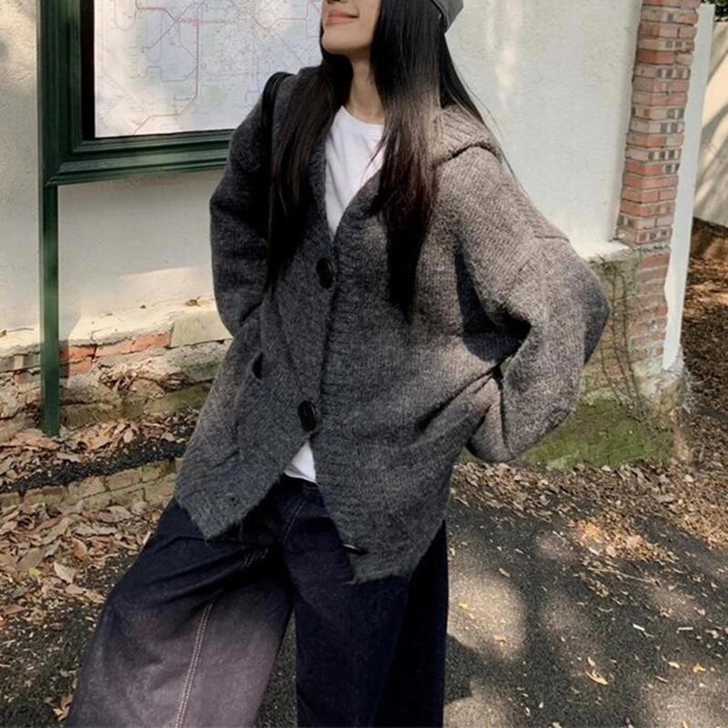 慵懒风连帽长袖针织外套女秋冬新款软糯宽松中长款设计感毛衣上衣