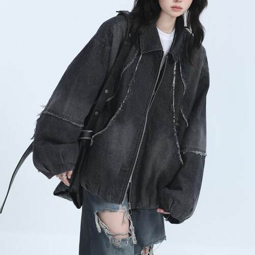 美式复古重工水洗毛边牛仔外套男女秋季新款宽松小众嘻哈潮牌夹克