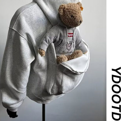 白灰色立体书包开衫卫衣男款设计感美式重磅短宽boxy运动连帽外套