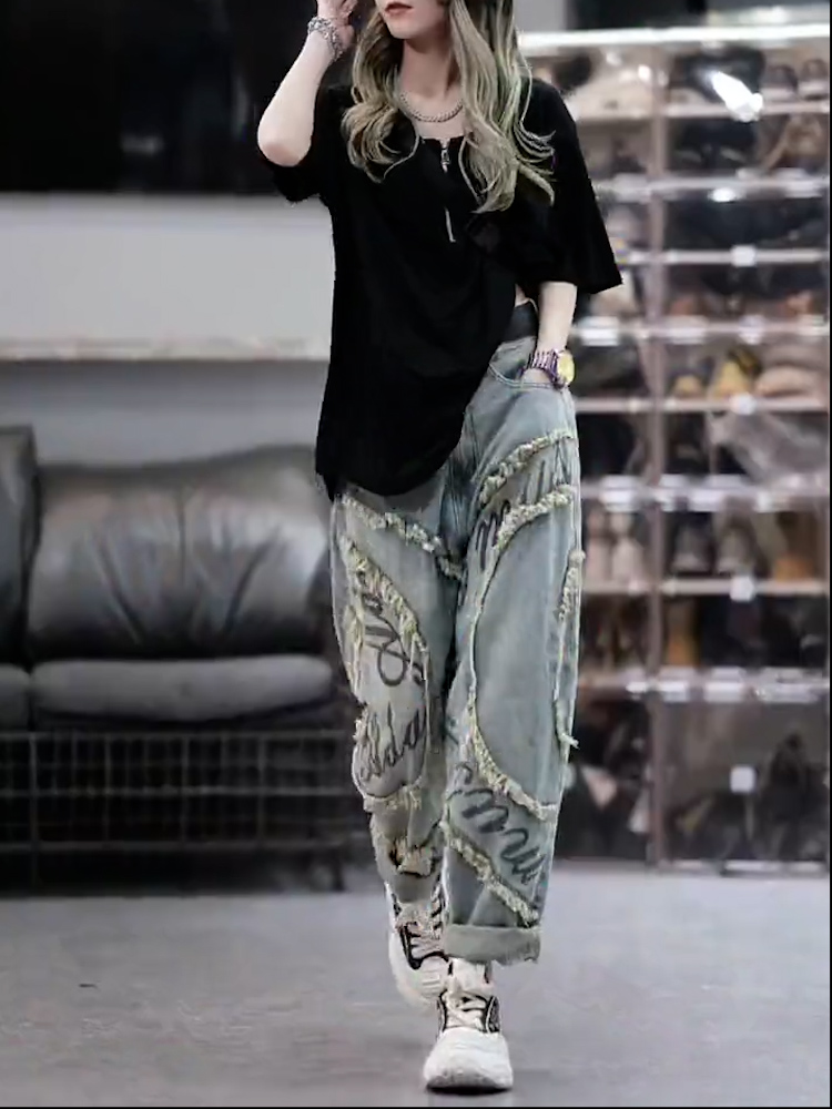 水洗牛仔裤宽松长裤哈伦裤女潮